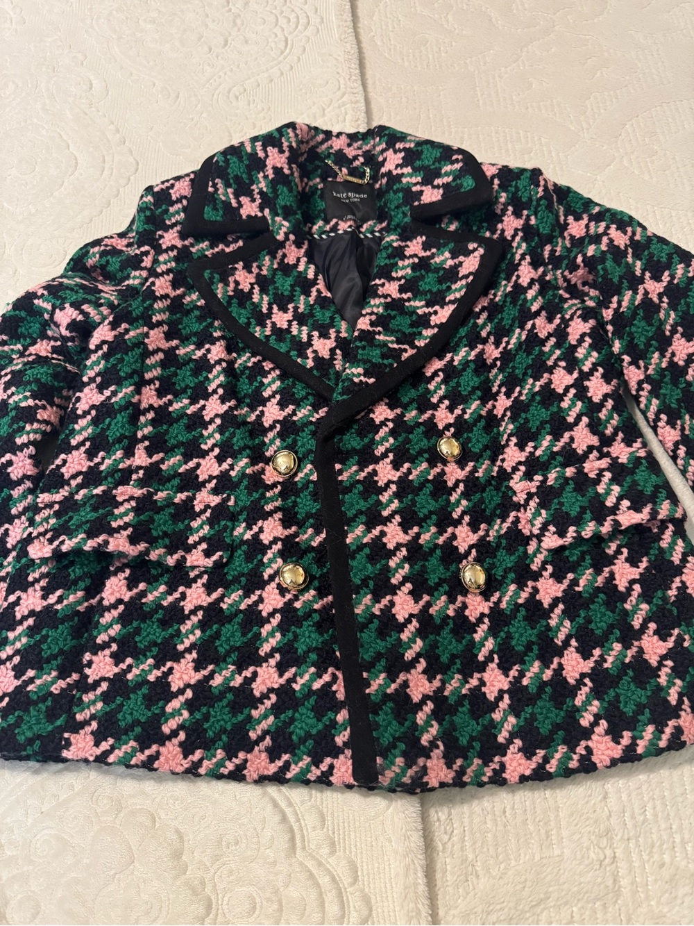Kate Spade Wool Houndstooth Peacoat Jacket - Pink & Green - Size L